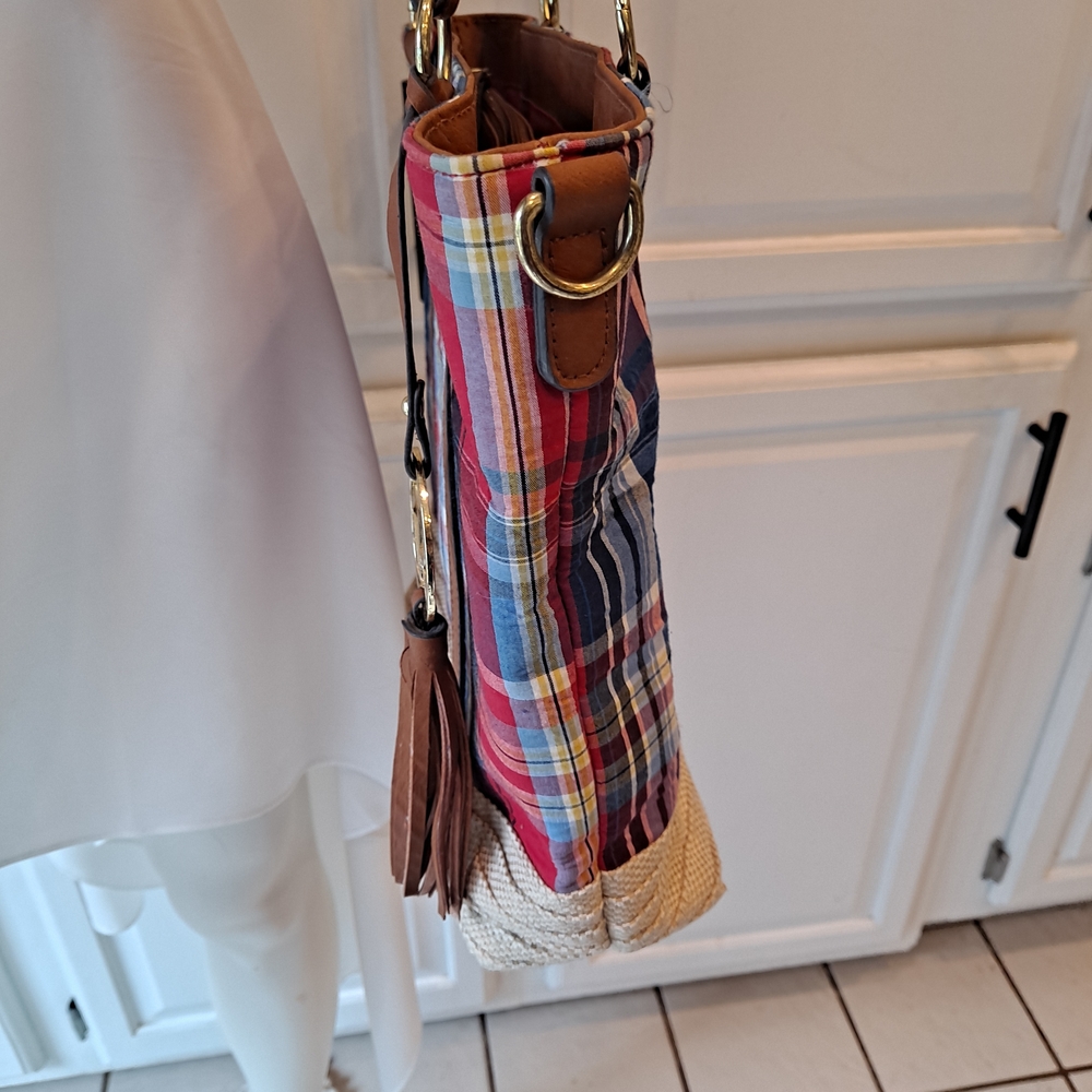 Kim Rogers Red & Blue Madras Plaid Tote with Brown Leather Trim - Picture 6 of 12